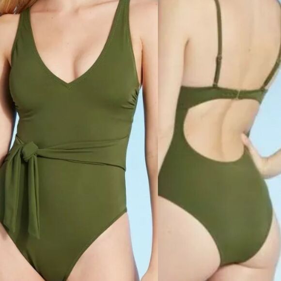 Shade & Shore Palm Plunge Tie Front Wrap Cheeky One Piece Swimsuit Size Small - Picture 1 of 6